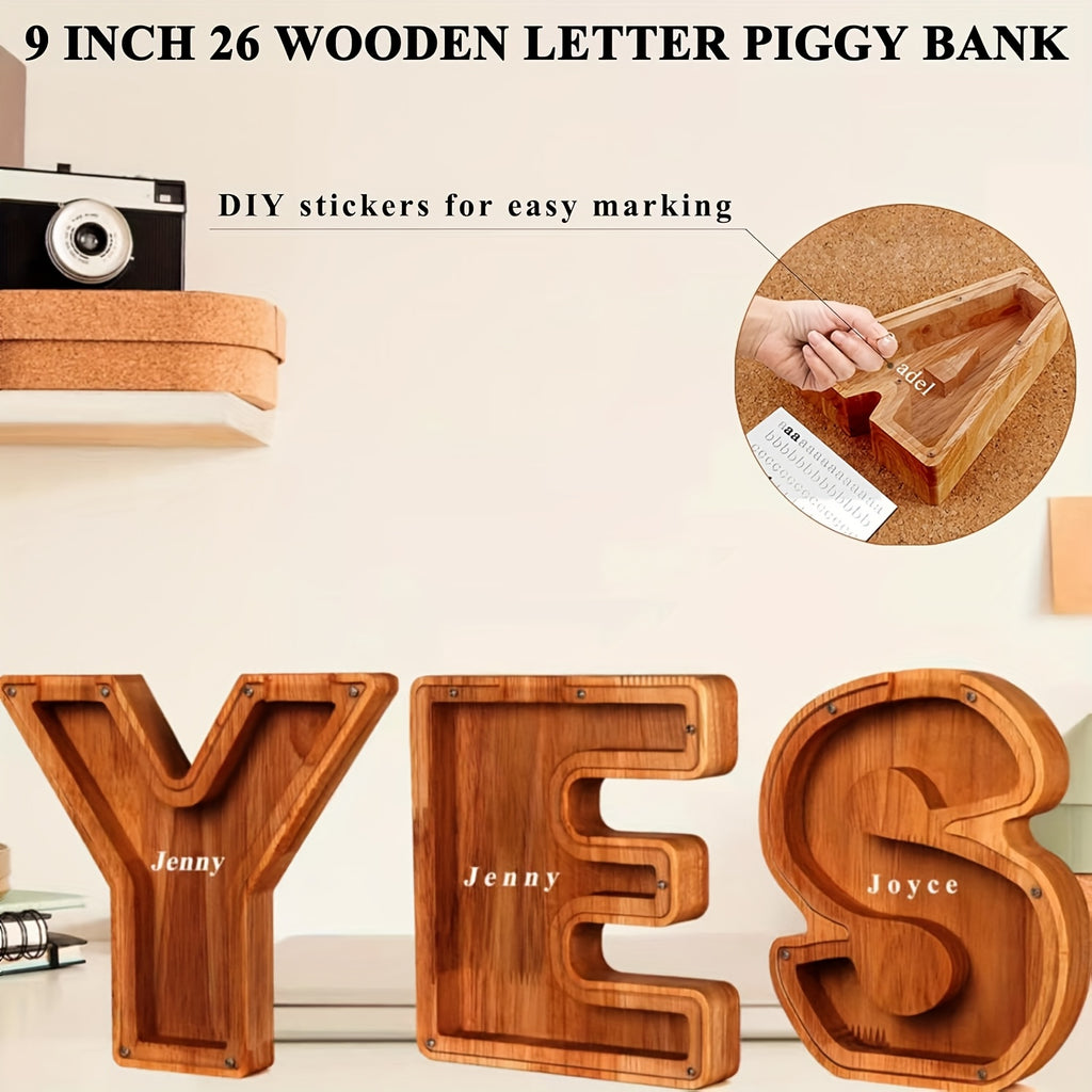 26 Wooden Letter Penny Bank, Penny Bank for Adults, Alphabet Money Bank, Safe & Durable Savings Box Coin Bank Birthday Gift
