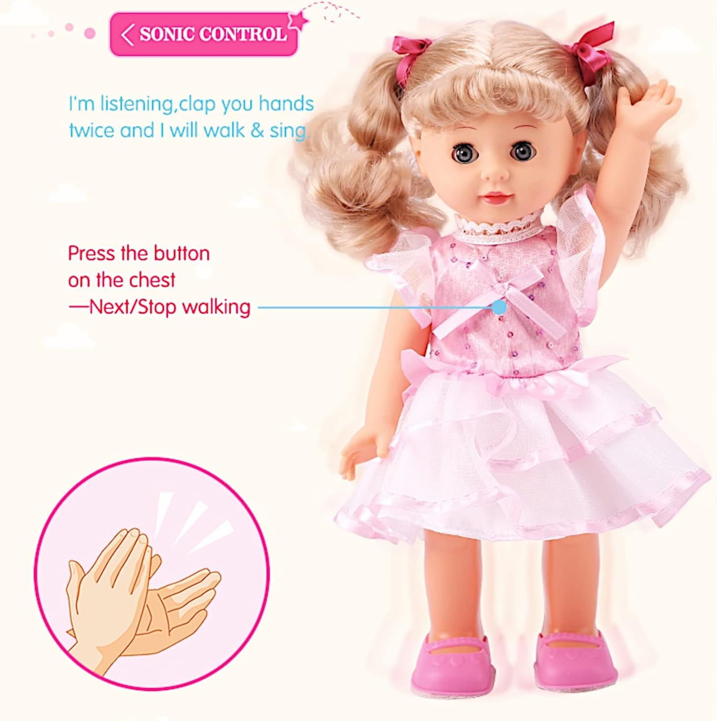12" Princess Walking Doll Interactive Vinyl Toy Baby Sonic Control Cuddly Girl Singing Talking Blonde Fashion Beauty with Blinking Eyes