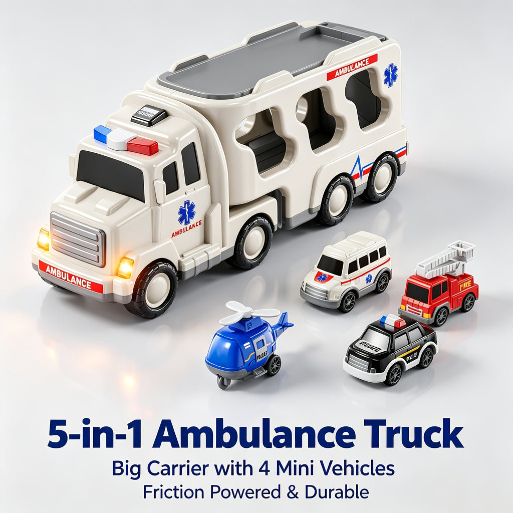 Ambulance/ Construction Truck Toys, 5in 1 Carrier Trucks Cars for Boy Toys Birthday, Car Trucks Friction Power Toys with Light Sound