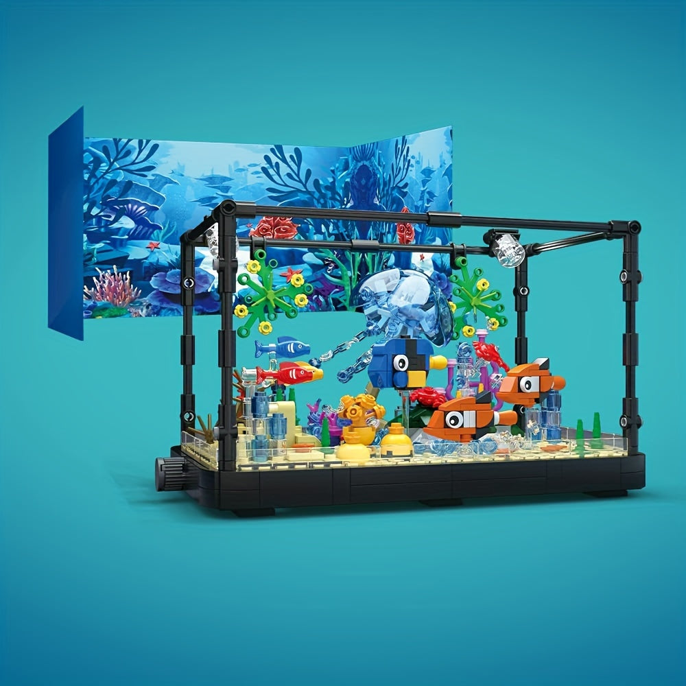 Fish Tank Building Block Set with Light, Aquarium, Marine Jellyfish, Building Block Toy for Home Decor