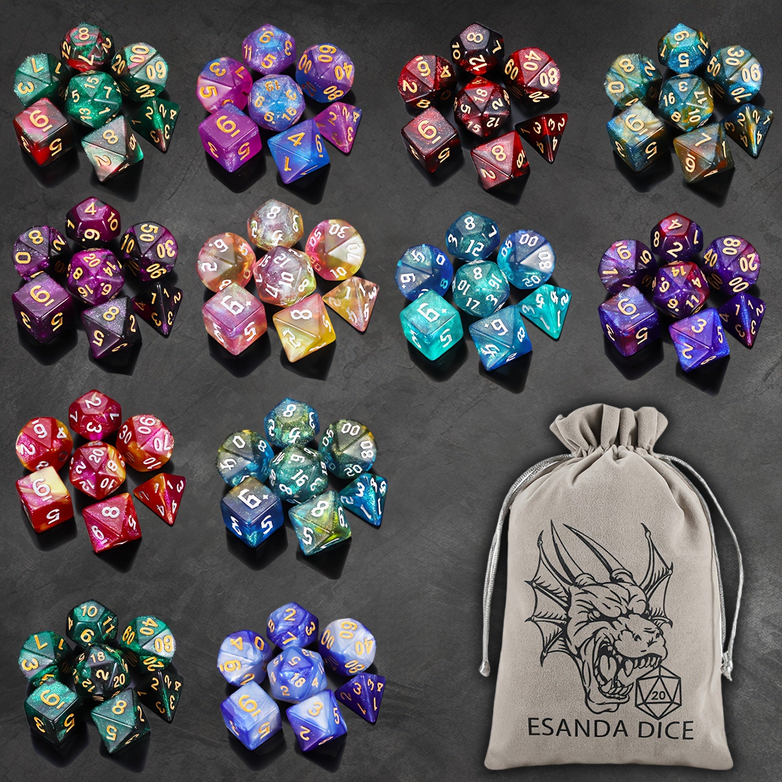 84pcs Starry Night Glitter Polyhedral Dice Set with Dice Pouch/Tray, for D&D RPG MTG Roleplaying Tabletop Game, Great Dice Collection/gift for Halloween& Christmas& Easter& Gaming