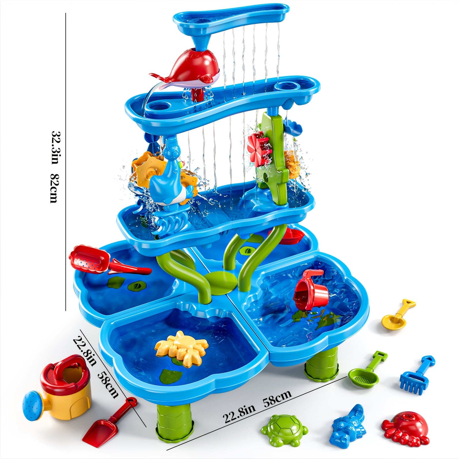 Babyhome Double-Sided Blue Waterfall Toys with Beach And Water Tools for Kids. Summer Holiday Activity Sensory Play Table for Outdoor Seaside, Birthday Christmas Easter Gift