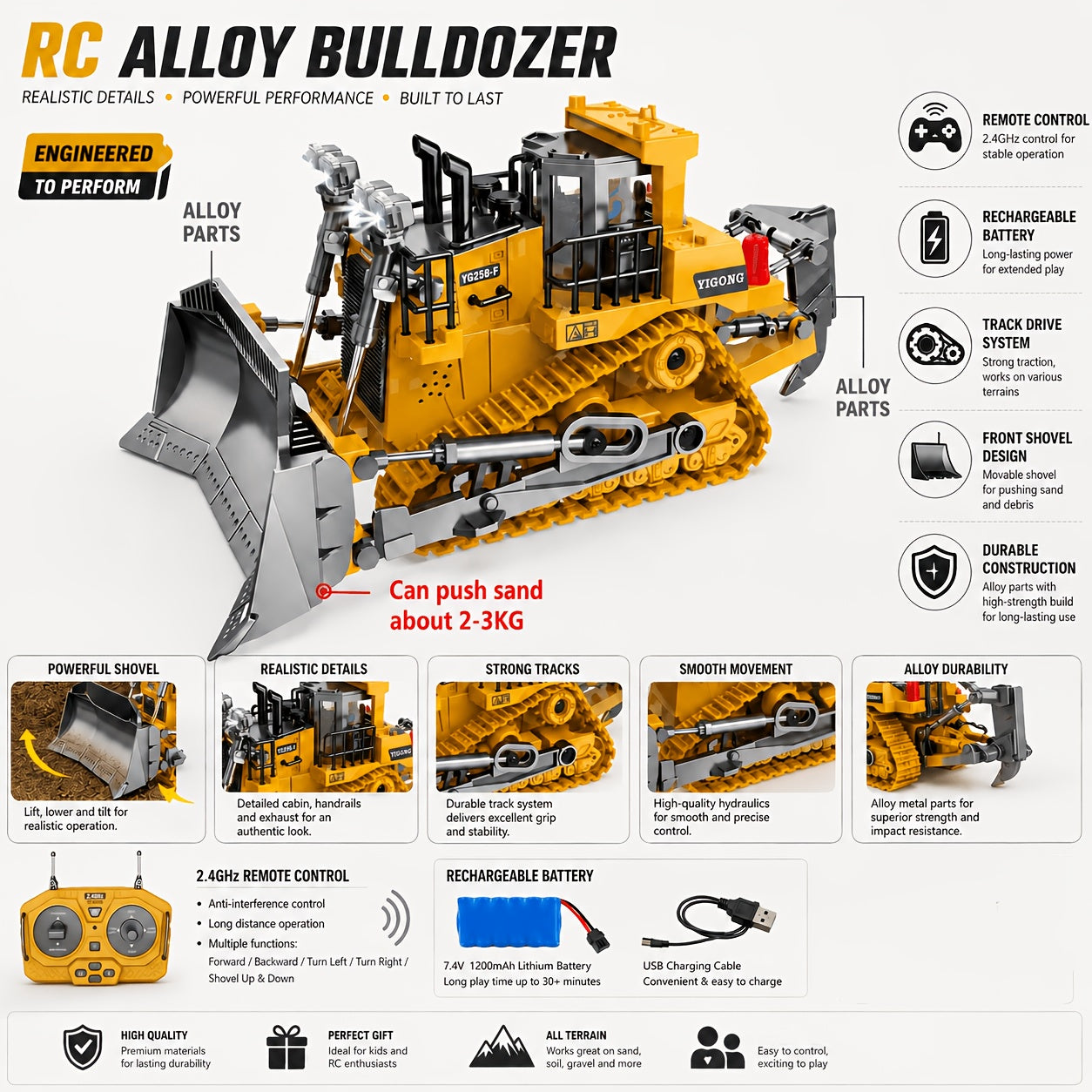 9-channel Remote Control Bulldozer, 2.4GHz RC Multifunctional Engineering Vehicle Toy, Preferred For Outdoor And Indoor Interactive Play With Alloy Metal Cover, Lightweight, Halloween, Thanksgiving, Christmas, Birthday, New Year Gifts