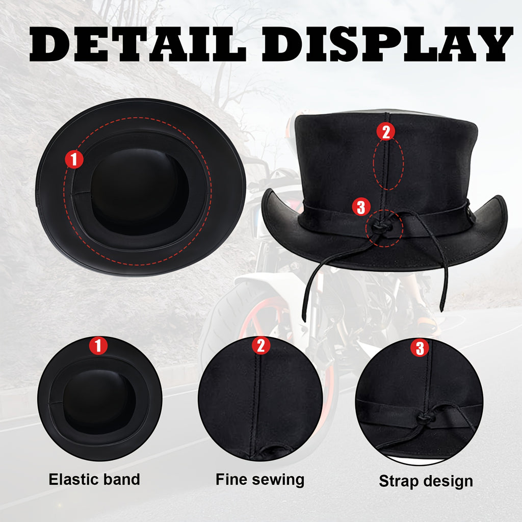 [Genuine Leather Top Hat] Genuine Leather Top Hat - Stylish Gentleman Hat, Adjustable Shapeable Brim, Halloween Costume Topper, Steampunk Hat for Adult, Short Deadman Tophat, Motorcycle Riding Hat, Fashionable Hat for Women and Men