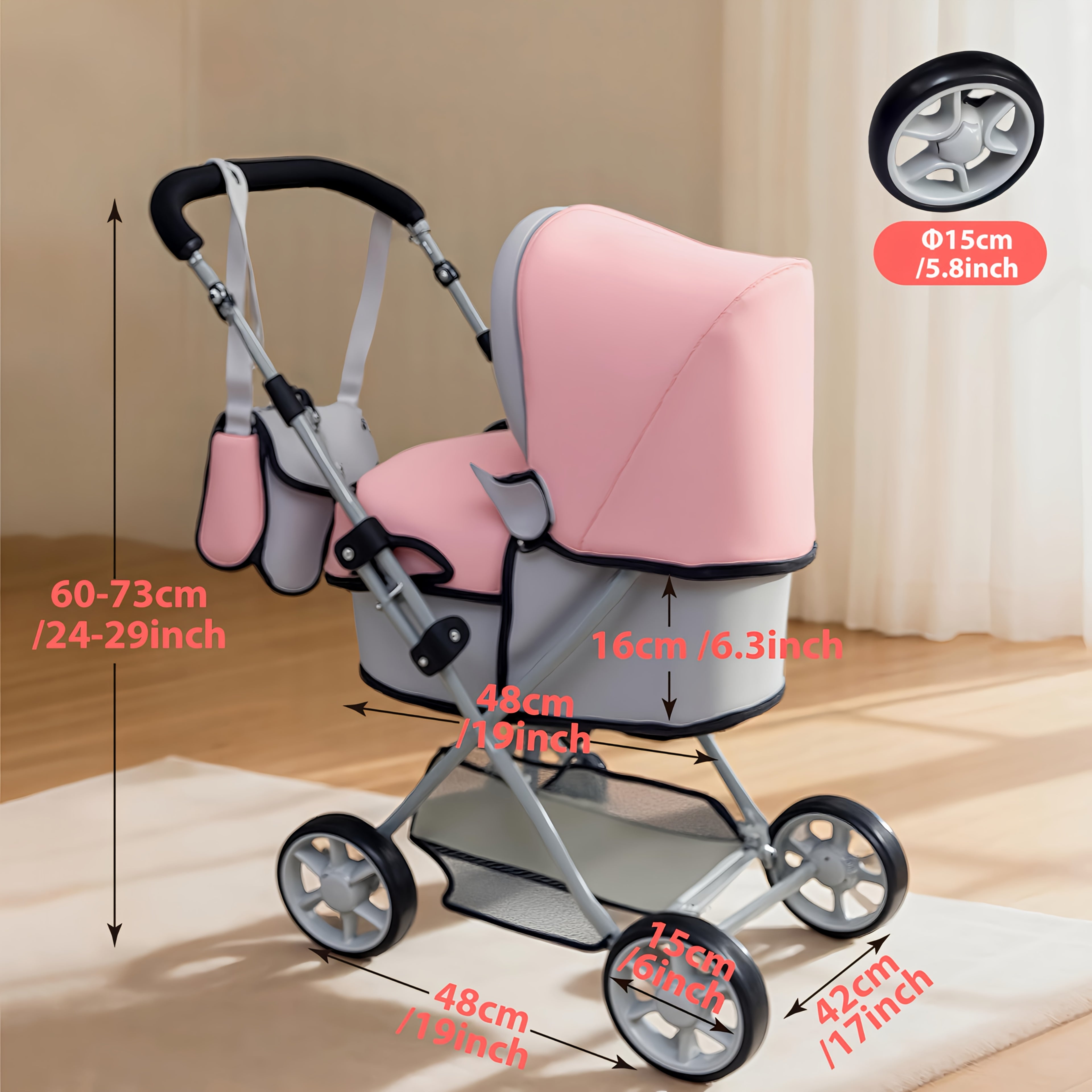 Novocreation Adjustable Height & Foldable for doll Stroller - Light Gray/Pink, 16-20 Inch for dolls, Durable Plastic with Storage Basket & Ergonomic Handle, Ideal Gift for Doll Accessories, for doll Stroller, Playful Design, Sturdy Construction