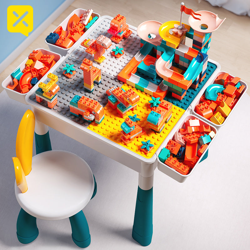 Kids All-in-One Activity Table - Multifunctional Kids Play Table with Building Blocks - Durable ABS Plastic Construction, Space-Saving Corner Design with Green Legs & White Tabletop - Suitable As Halloween, Christmas, Thanksgiving, New Year's Day