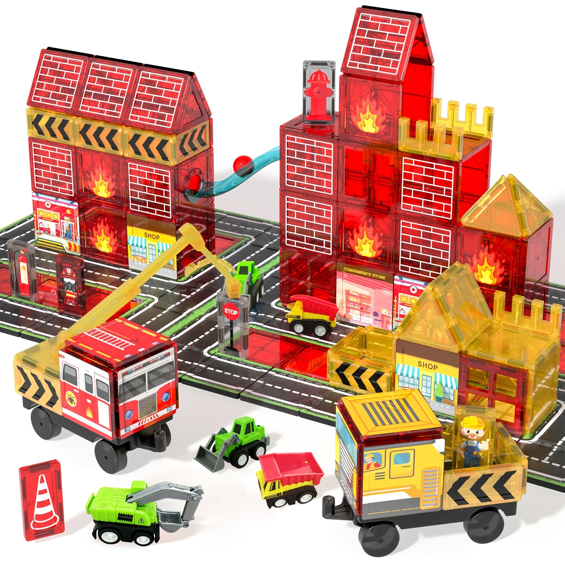 Children's Magnetic Tile Toys, Featuring A Fire Truck And Fire Station, Buildings, Roads, Cranes And Car Toys., Educational Toys, Transportation Toys, Young Builders