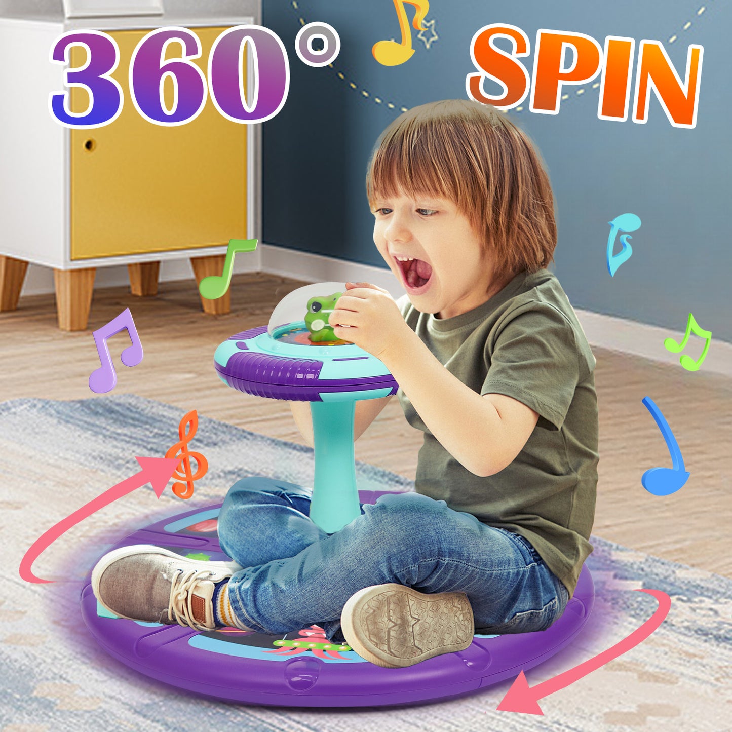 Dinosaur Sit And Spin Toy For Toddlers Girls Ages 18M+, Birthday Gift For Toddler, 360° Spin Seat Indoor Interactive Sensory Toy With Music