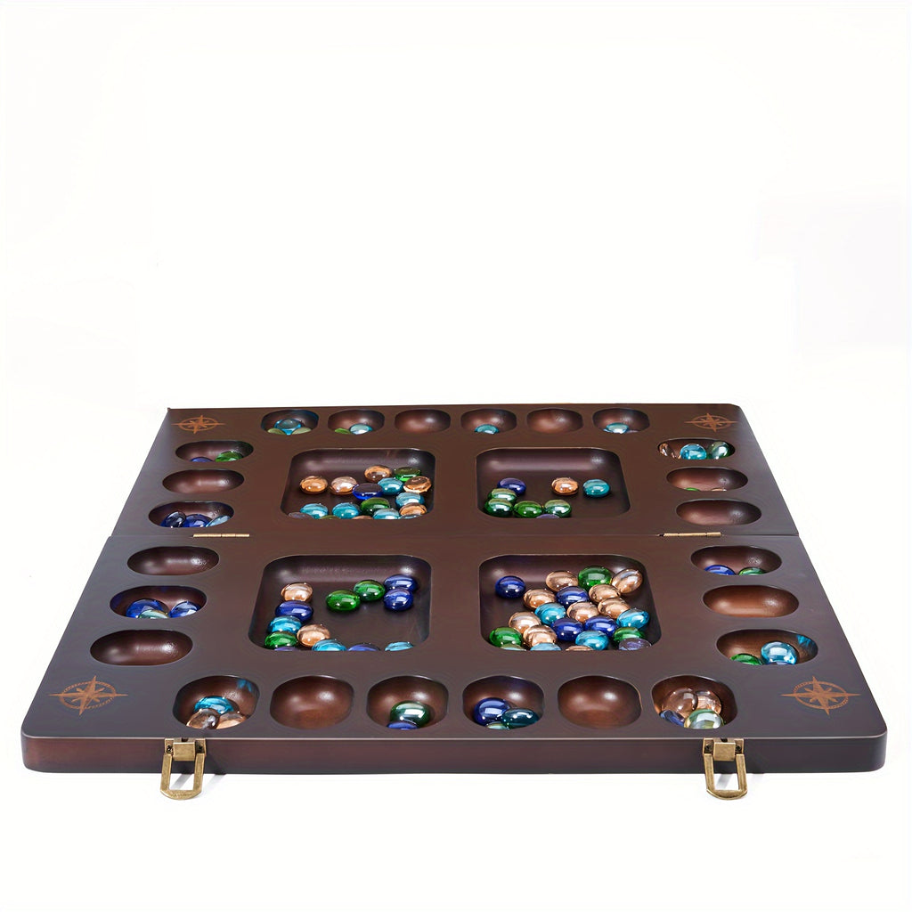 Mancala 4 Player Board Game Set, Luxury Solid Wood Folding Mancala Board, 96+12 Bonus Multi Color Glass Stone Beads Game Instructions Included, Ideal Halloween/Christmas Gift