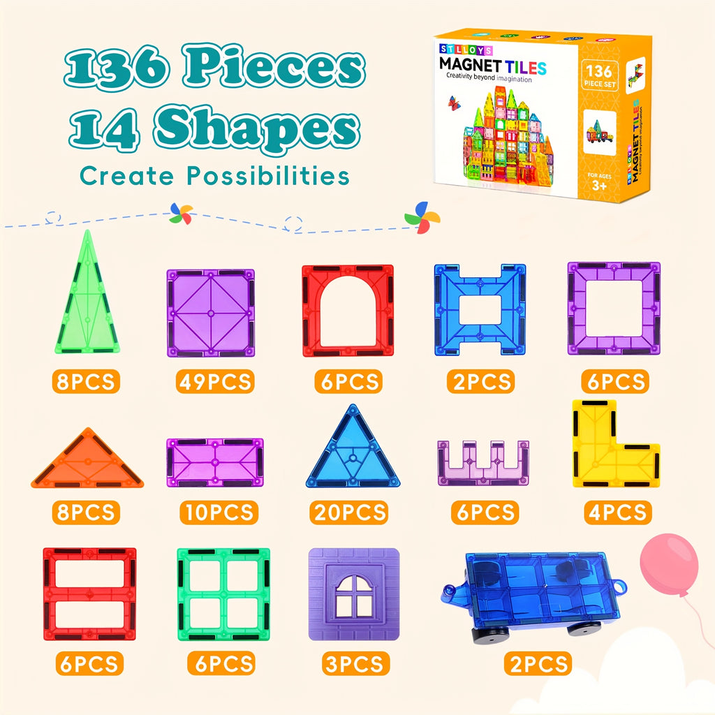 205/136/106/80pcs Magnetic Tiles Kids Toys, Magnet Building Tiles Clear Magnetic 3D Blocks, Creativity Beyond Imagination, Inspirational, Recreational, Educational Conventional, STEM Sensory Educational Toys, Birthday Christmas Gift For Kids Boys Gi