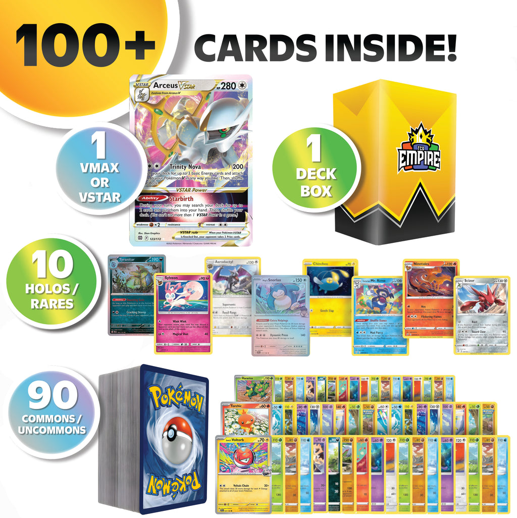 Pokemon VMAX & VSTAR Power Bundle | 100+ Pokémon Cards | 1x Random VMAX or VSTAR Guaranteed | Holos & Rares Included! | Perfect Giftable for Kids & Collectors!