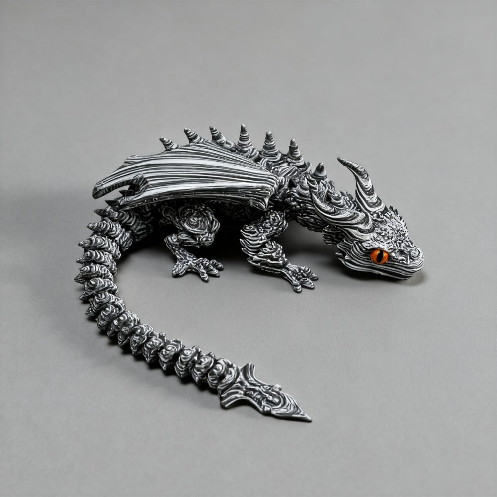 [3D Printed Dragon Statue] Cybernetic Dragon Statue, Random Eye Color - 3D Printed Black & White Swirl Figurine, Articulated Collectible Art for Desktop Display, Perfect for Teens 14+