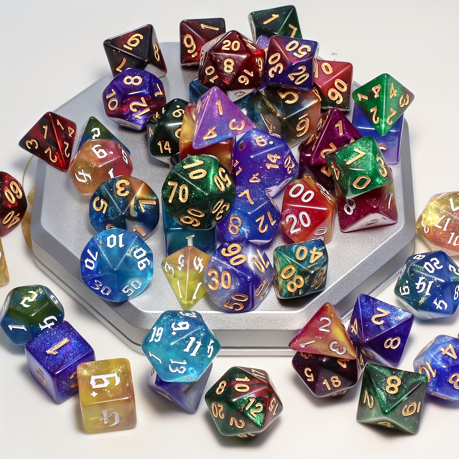 84pcs Starry Night Glitter Polyhedral Dice Set with Dice Pouch/Tray, for D&D RPG MTG Roleplaying Tabletop Game, Great Dice Collection/gift for Halloween& Christmas& Easter& Gaming
