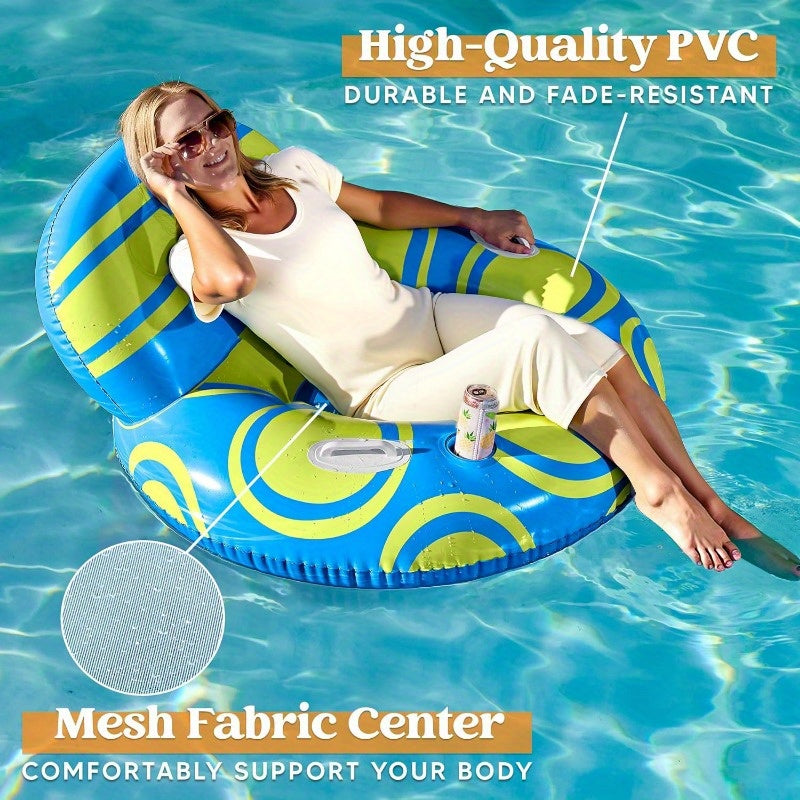 SYNCFUN Inflatable Pool Float Lounger - River Tube Floating Chair Sofa With Big Backrest, Blow Up Floaties Lake Raft Lounge With Mesh Bottom Handle Cup Holder Pool Party For Adults(Blue Yellow)