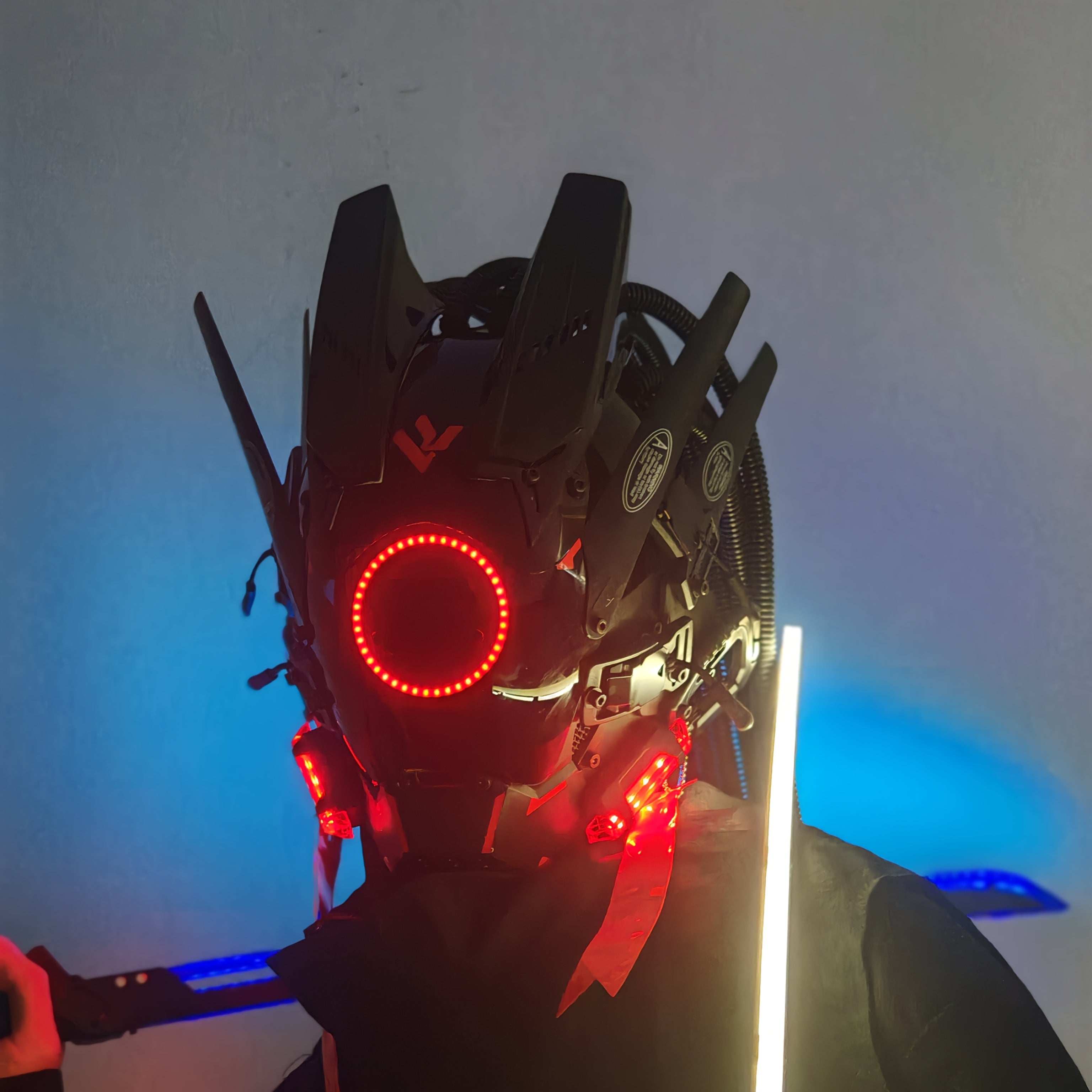 1pc Fashion Cool LED Punk Mask with Braids, Futurist Sci Fi Mechanical Mask Halloween Cosplay Samurai Mask Music Festival Party Cool Play Accessories Adult Gift
