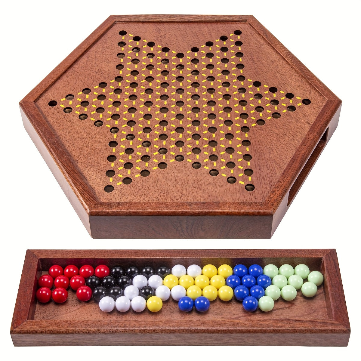 1 Set Deluxe Wooden Chinese Checkers Game - 12.5" Hexagonal Board with Storage Drawer, 60 Acrylic Marbles & 12 Spare - Classic Family Strategy Game for Home Gatherings - Perfect Gift for Family & Friends
