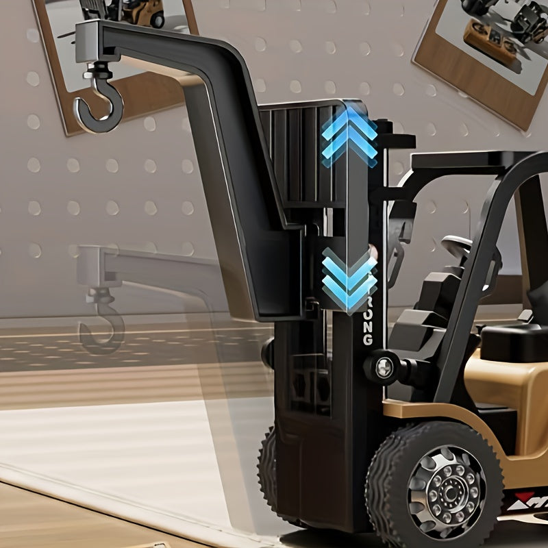1/64 Forklift Toy 7 Channel 2 Mode Mini Forklift Truck with Rechargeable Battery, 3in 1 Transformable Lift Fork & Hook Alloy Model with Lights-the Perfect Christmas Gift