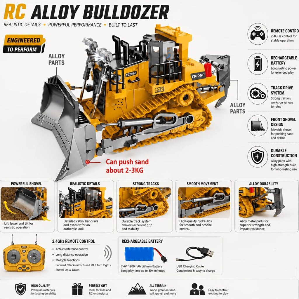 9-channel Remote Control Bulldozer, 2.4GHz RC Multifunctional Engineering Vehicle Toy, Preferred For Outdoor And Indoor Interactive Play With Alloy Metal Cover, Lightweight, Halloween, Thanksgiving, Christmas, Birthday, New Year Gifts