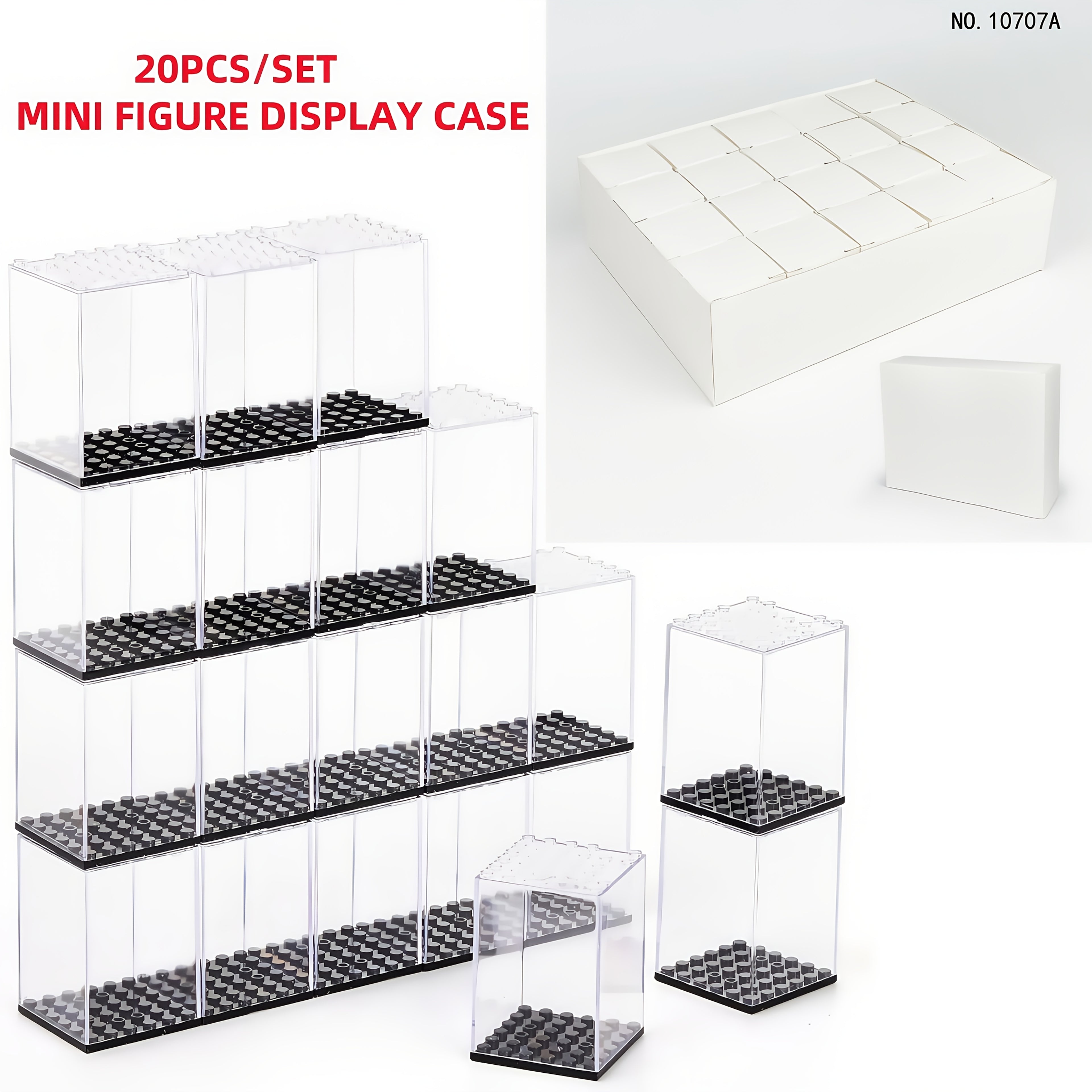 20pcs Minifigure Display Case Set - Clear Acrylic Stackable Storage Boxes for Action Figures, Collectibles & Building Blocks (2.7×1.9×1.9 Inch) - Small Toy Organizer with Dustproof Design