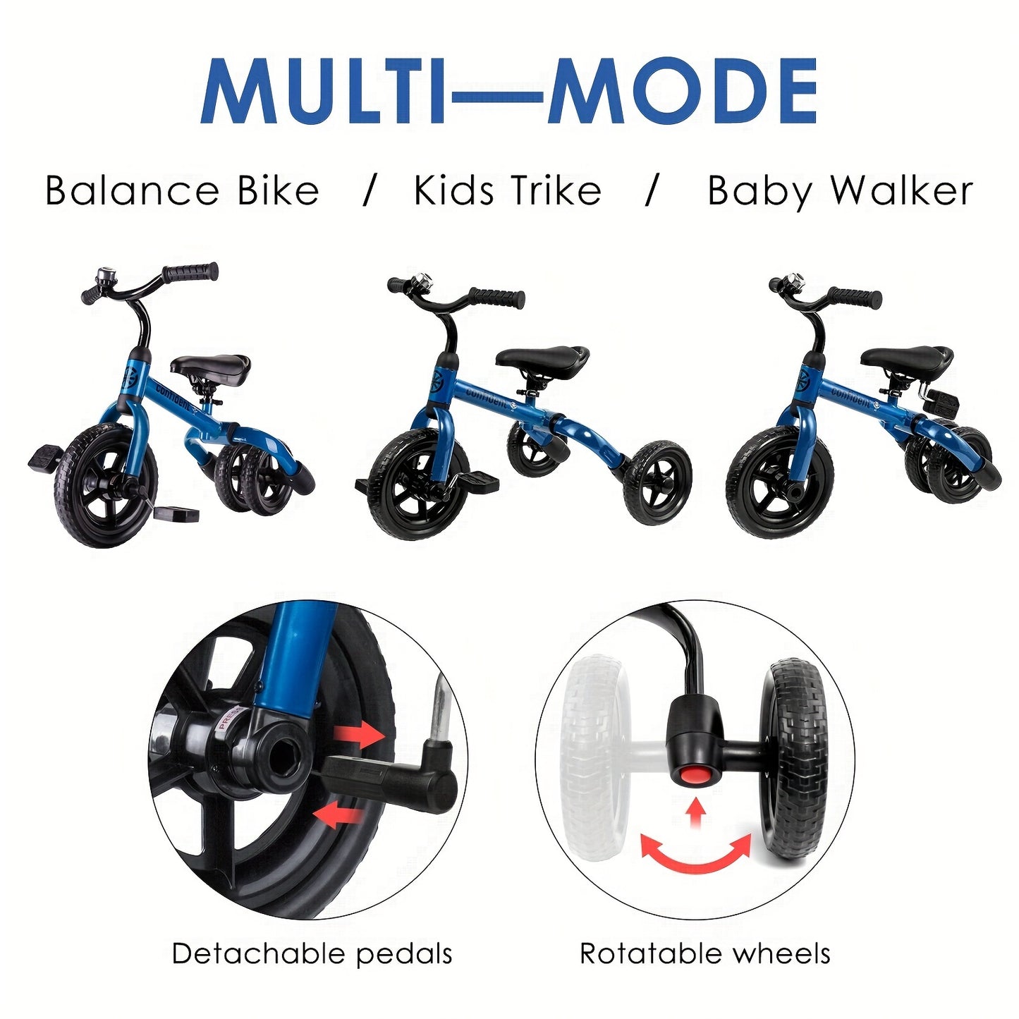 3in 1 Tricycle for Toddlers Age 2+ Years Old, Folding Kids Balance Bike with Adjustable Seat and Removable Pedal, Toddler Bike Ride-on Toys for Infant, Gifts for Baby Girls Birthday