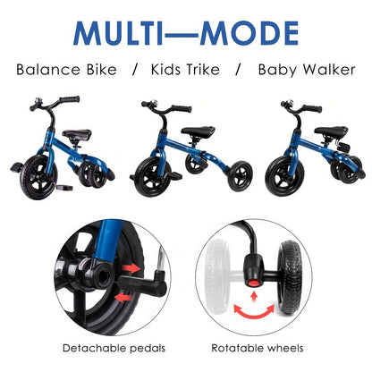 3in 1 Tricycle for Toddlers Age 2+ Years Old, Folding Kids Balance Bike with Adjustable Seat and Removable Pedal, Toddler Bike Ride-on Toys for Infant, Gifts for Baby Girls Birthday