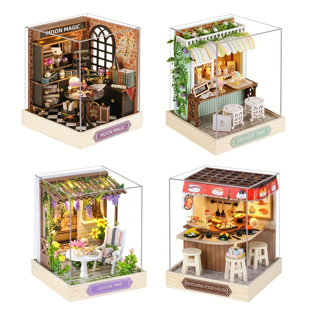 1pc DIY Wooden  Dollhouse Kit with Dust Cover Puzzle Handmade Toy Tiny House-Home Decorations Christmas Thanksgiving Birthday Gift (without Glue Batteries)