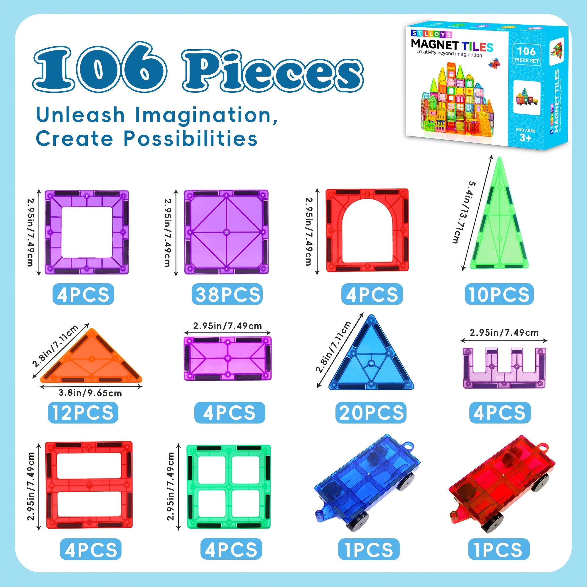 Magnetic Tiles 106pcs, 136pcs With 2 Cars, STEM Approved Educational Magnet Building Toys, Magnet Puzzles Stacking Blocks For Boys Girls, Best Birthday Christmas Gift For 3+ Years Old