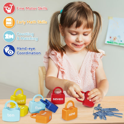 Children's Learning Toys, 10 Sets of Children's Number Locks and Key Counting Toys, Suitable for 3-5 Year Old Preschoolers, Preschool Activity Toy Games, Kindergarten Classroom Essential Math Toys, Educational Birthday and Christmas Gifts