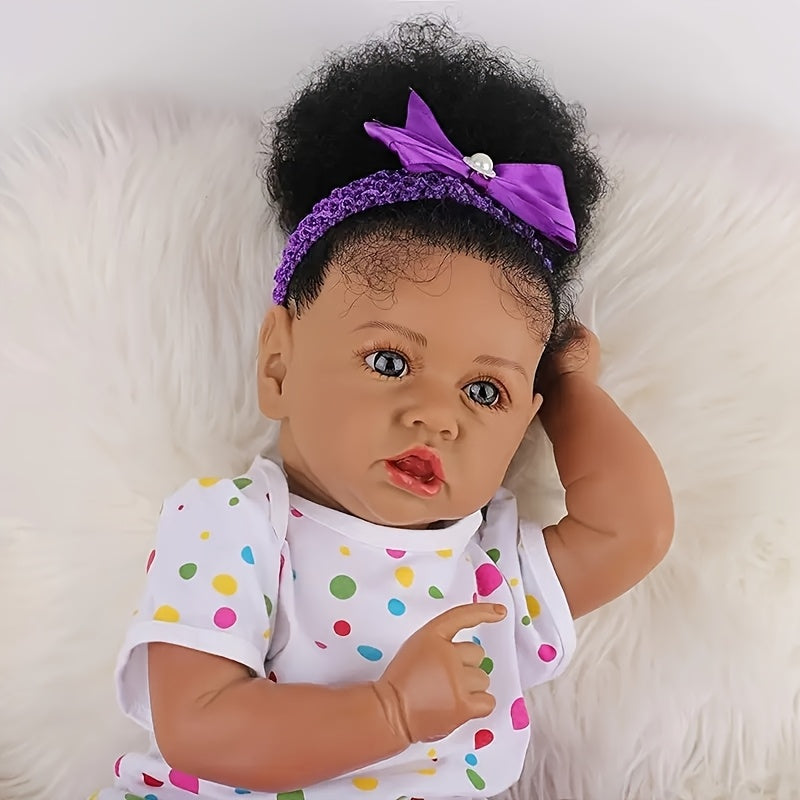 DAYOFF KIDS Reborn Baby Dolls, 21.5 Inch Reborn Doll, Vinyl Black Doll, Beautiful Pupils, African American Full Set Curly Hair Doll for Age 3 & Up -Hand-made Dolls, Hand-painted Paintings, Artworks And Collectibles Can Be Used As Holiday Gifts