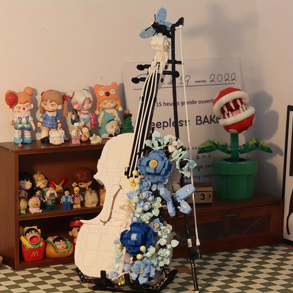 Flower Violin Building Blocks Sets for Adults - 3D Musical Instrument Model, Building Brick Set for Home Decor in The Living Room, Bedroom, Or Office - an Ideal Birthday, Christmas, Or Father'S Day Gift! 1419+PCS