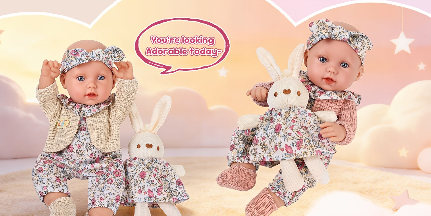 12 Inch Realistic Vinyl Doll Set, Including 1 Doll, 1 Set Of Floral Clothes, 1 Headscarf, 1 Pair Of Socks, 1 Toy Rabbit, And 1 Rabbit Skirt, Children's Toys, Suitable for Dress Up Games, Birthday Gifts, Game Gifts, Holiday Gifts, Realistic Reborn