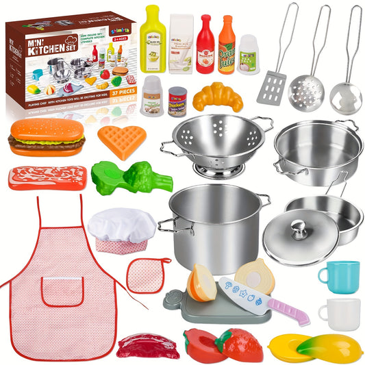 37pcs Pretend Play Kitchen Additions, Kids Kitchen Playset Stainless Steel Play Pots And Pans Sets for Kids, Apron And Chef Hat, Cooking Utensils, Play Food, Kitchen Toys, Gift for Boys Girls