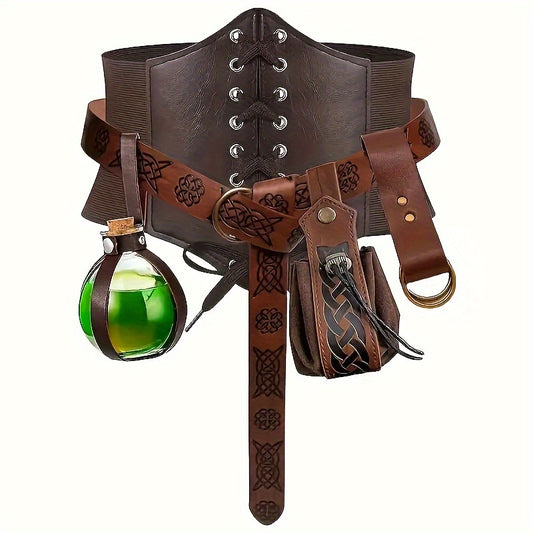 5 Item Collection, Ladies' Corset Renaissance Outfit, Medieval Belt with Pouch And Corked Potion Bottle, Waist Protector, Halloween And Christmas LARP Cosplay Attire, Party Decor Photography Props, Additions for Stage Performances And Gifts