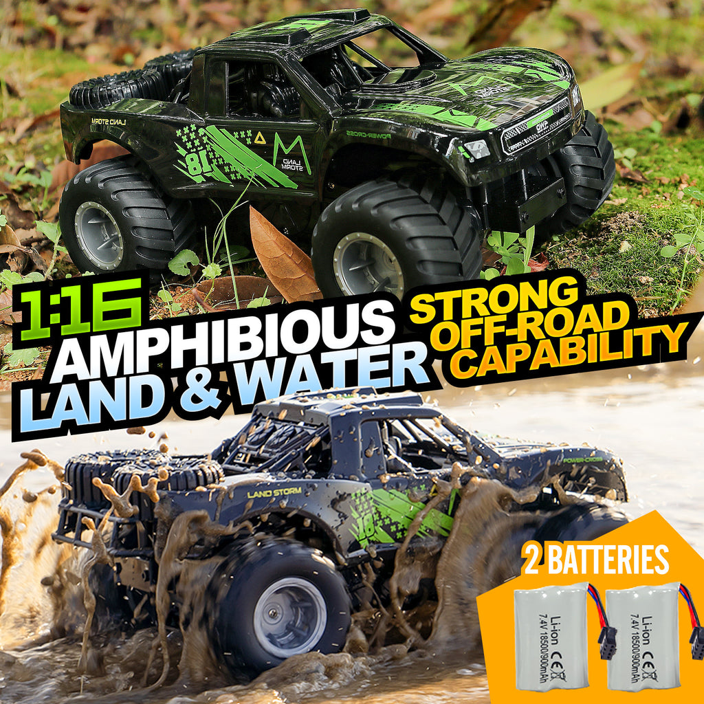RC Trucks 4x4 Offroad Waterproof 1:16 Amphibious Remote Control Car with 2 Rechargeable Battery 4WD All Terrain Monster Truck RC Car for Boys 4-7 gift present
