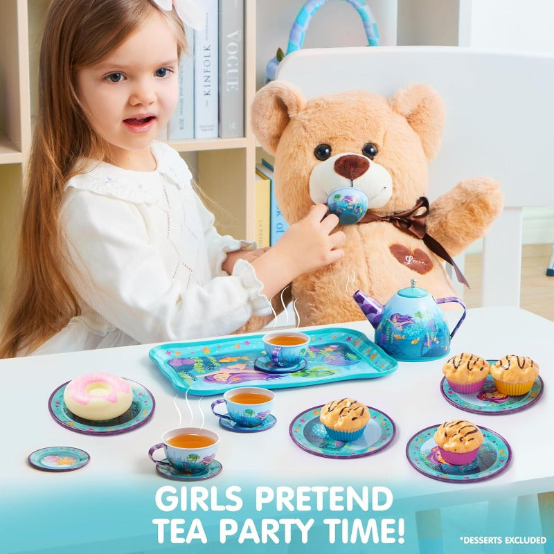 Mermaid Tea Party Set for Little Girls, Pretend Tin Teapot Toy with Cups, Plates Carrying Case, Princess Tea Time Play Kitchen Kit, Perfect Christmas&Birthday Gifts for Kids Age 3+