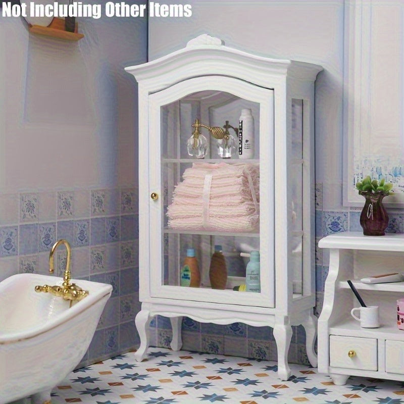 Scale White Artificial Wooden Mini Display Cabinet Model, with Mirror And 3 Glass Front Shelves - Suitable for Dollhouse Decoration, Photography Props, Weddings, And Living Room Scenes, Making It an Excellent Gift