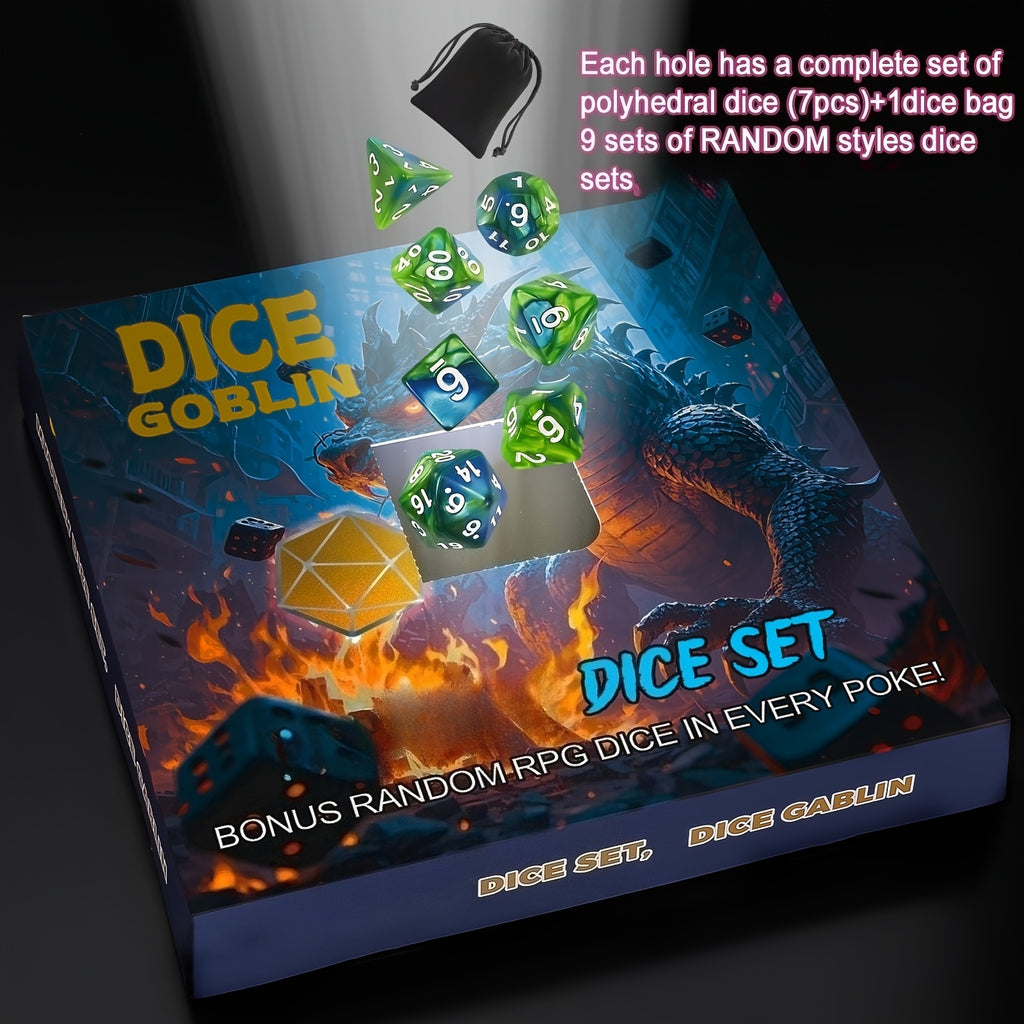 CIARAQ 72pcs/9set Box Of Hole Fun DND Dice, Each Hole Includes Random 7pcs Polyhedral Dice And Random A Creative Pattern Bag For RPG Role-playing Game, These Mystery D&D Dice Set Are Great For DND Players