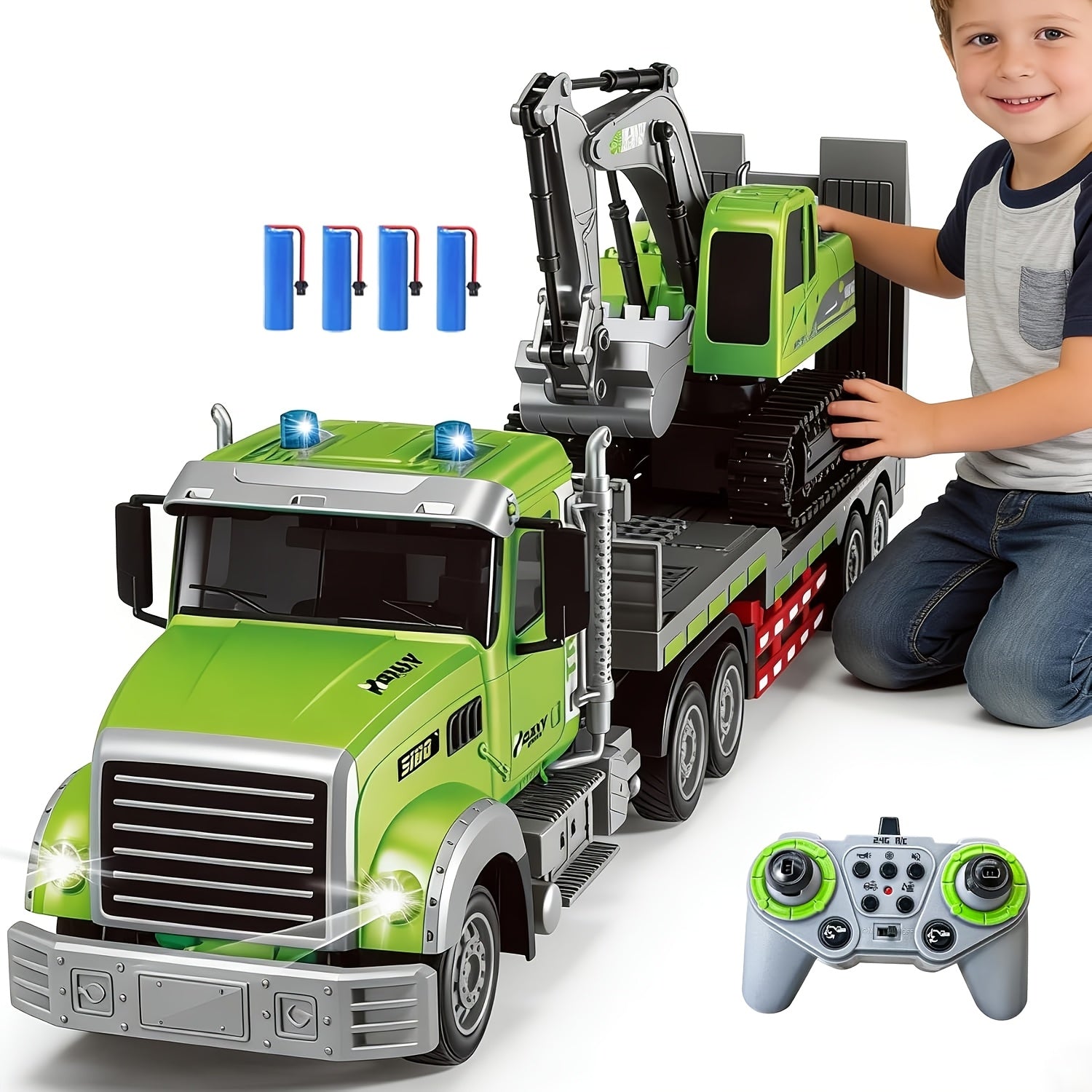 [Easter Gift] 11CH Construction Vehicle Set 1:12 Scale RC Semi Truck with Flatbed Trailer & Alloy Excavator, Sound & Lights Engineering Toy, Great Easter Gift Idea for Boys Children's