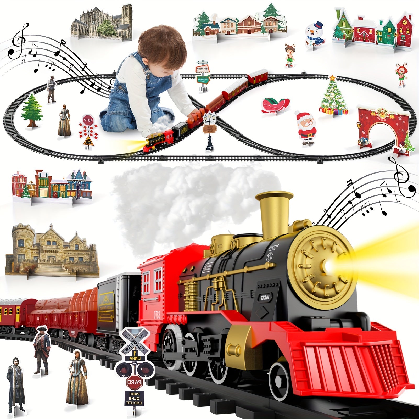 Train Set Toys for Kids, Christmas Train Sets Toys for Kids W/Smokes, Light & Sound Include 6 Car And 28 Tracks, Christmas Train Set Toys Birthday Gifts