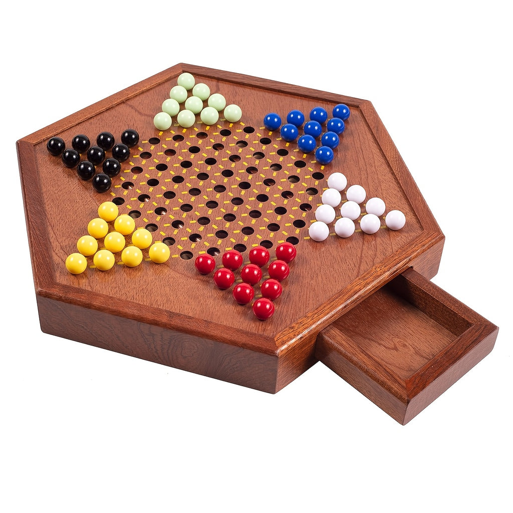 1 Set Deluxe Wooden Chinese Checkers Game - 12.5" Hexagonal Board with Storage Drawer, 60 Acrylic Marbles & 12 Spare - Classic Family Strategy Game for Home Gatherings - Perfect Gift for Family & Friends