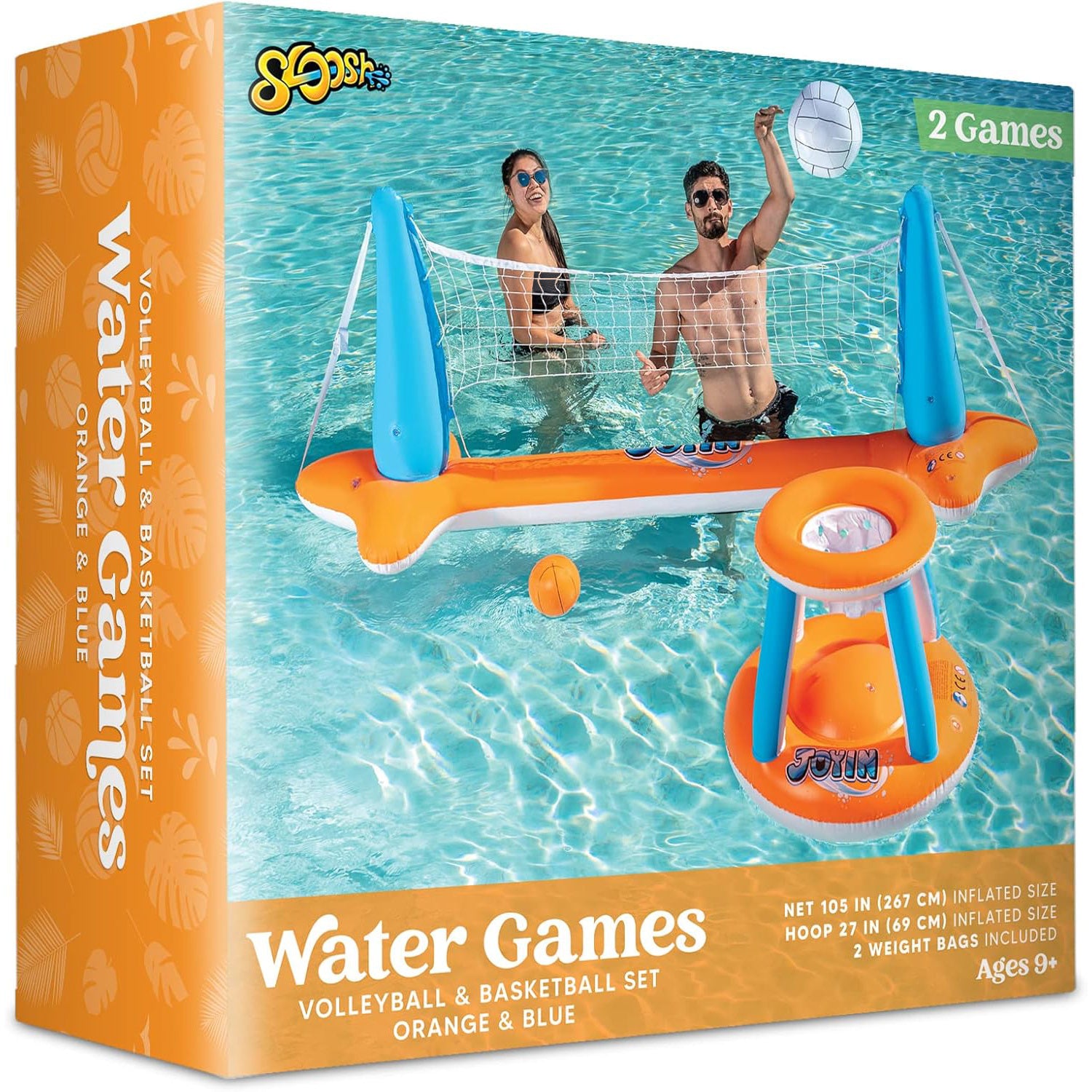 SYNCFUN Inflatable Pool Float Set Volleyball Net & Basketball Hoops, Floating Swimming Party Games & Activities Toy for Kids And Adults, Summer Floaties, Volleyball Court Basketball, L-Orange