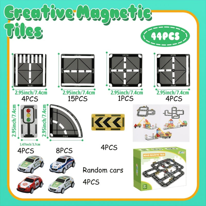 44pcs Magnetic Track Set | For Pulling Small Cars, Magnetic Building Blocks Puzzle, Creative Assembly Toys, Educational Magnetic Toys, Suitable For Boys And Girls, Mixed Color, Transportation Theme, ABS Material