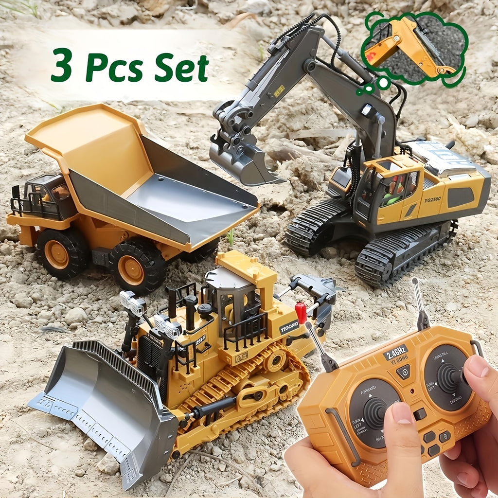 2pcs/3pcs/4pcs Set Remote Control Engineering Vehicle Set, 2.4G High-tech 11-channel Remote Control Excavator Dump Truck Bulldozer Alloy Plastic Engineering Vehicle Remote Control Construction Toy Car Set