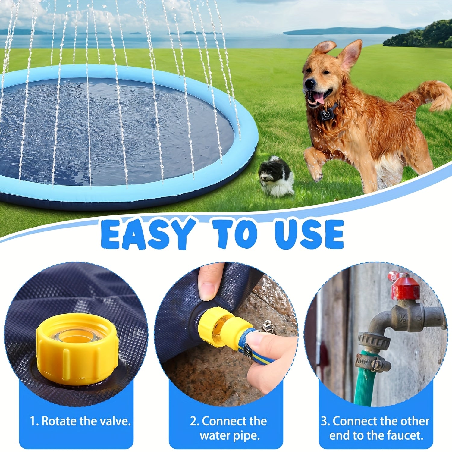 Extra Thick Splash Pad for Large Dogs, 0.6Mm Non-Slip Durable Dog Sprinkler Pool & Cooling Mat, Heavy Duty Summer Outdoor Water Play Fountain for Jumbo Breeds