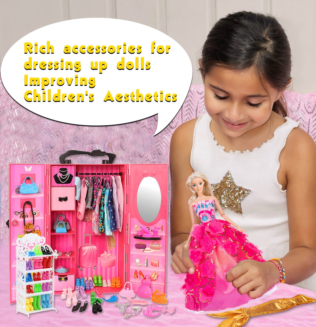 [Christmas Gift] 105pcs Doll Clothes (No Doll) And Additions Doll Closet Playset Wardrobe Toys for 11.5 Inch Girl Doll Including Wardrobe, Shoe Rack, Dress, Shoe Hangers, Christmas Gift for Kids Aged 3-12