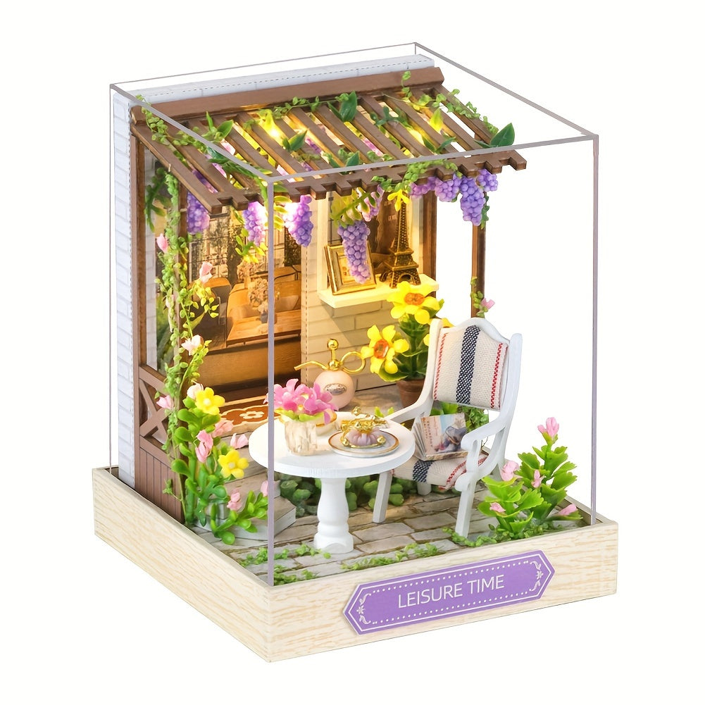 1pc DIY Wooden  Dollhouse Kit with Dust Cover Puzzle Handmade Toy Tiny House-Home Decorations Christmas Thanksgiving Birthday Gift (without Glue Batteries)
