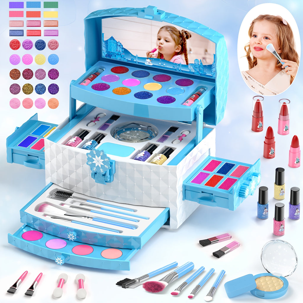 58pcs Kids Makeup Set for Girls Ages 3-12 Non Toxic Washable Pretend Play Makeup Kit with Brushes and Case, Real Little Girl Toys Birthday Christmas Gift