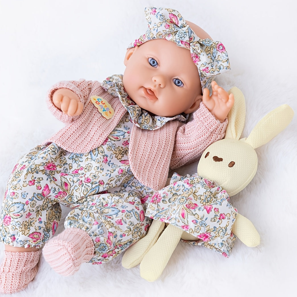 12 Inch Realistic Vinyl Doll Set, Including 1 Doll, 1 Set Of Floral Clothes, 1 Headscarf, 1 Pair Of Socks, 1 Toy Rabbit, And 1 Rabbit Skirt, Children's Toys, Suitable for Dress Up Games, Birthday Gifts, Game Gifts, Holiday Gifts, Realistic Reborn