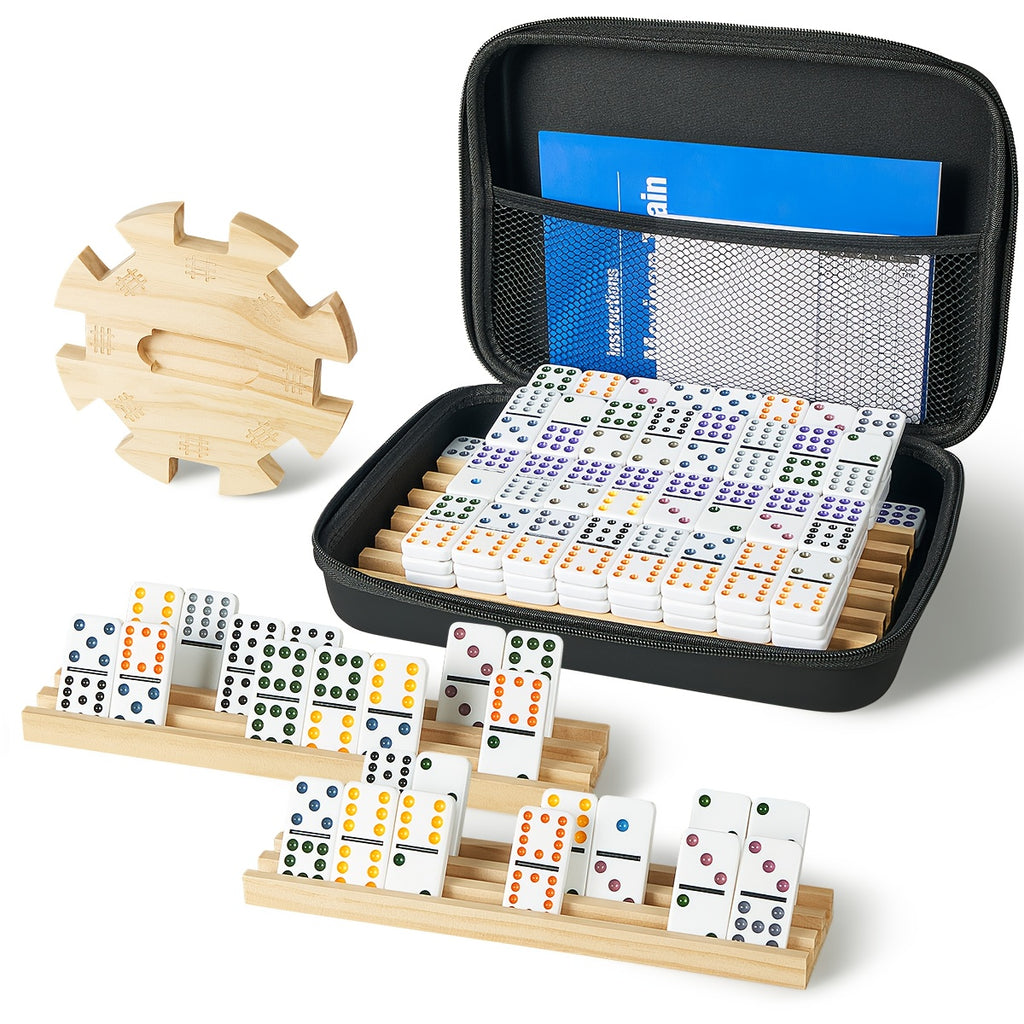 Mexican Train Dominoes Double 12 Game Set with 91 Colorful Tiles, 9 Model Trains & 4 Wooden Racks - Complete Board Game with EVA Suitcase, Strategy Family Party Game for Adults &, Classic Christmas/Halloween Gift, Durable Wood Construction & Travel-Friend