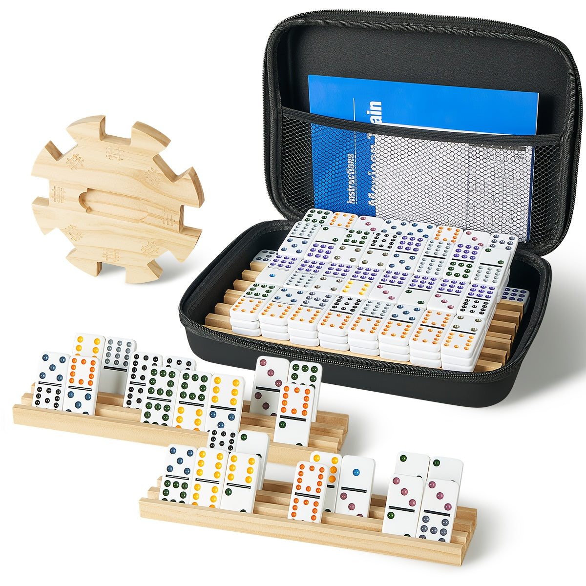 Mexican Train Dominoes Double 12 Game Set with 91 Colorful Tiles, 9 Model Trains & 4 Wooden Racks - Complete Board Game with EVA Suitcase, Strategy Family Party Game for Adults &, Classic Christmas/Halloween Gift, Durable Wood Construction & Travel-Friend